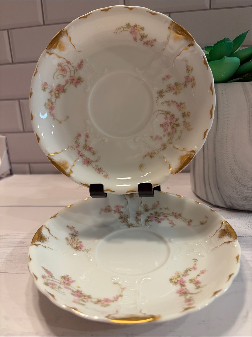 Haviland White Porcelain Saucer Pair with Pink Floral and Gold Accents